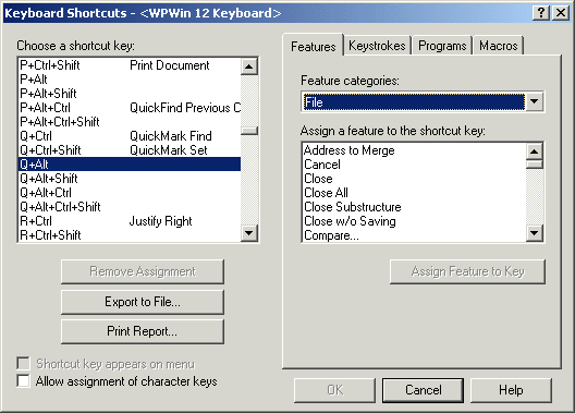 WordPerfect keyboard shortcuts