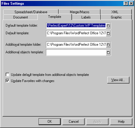 WordPerfect template settings